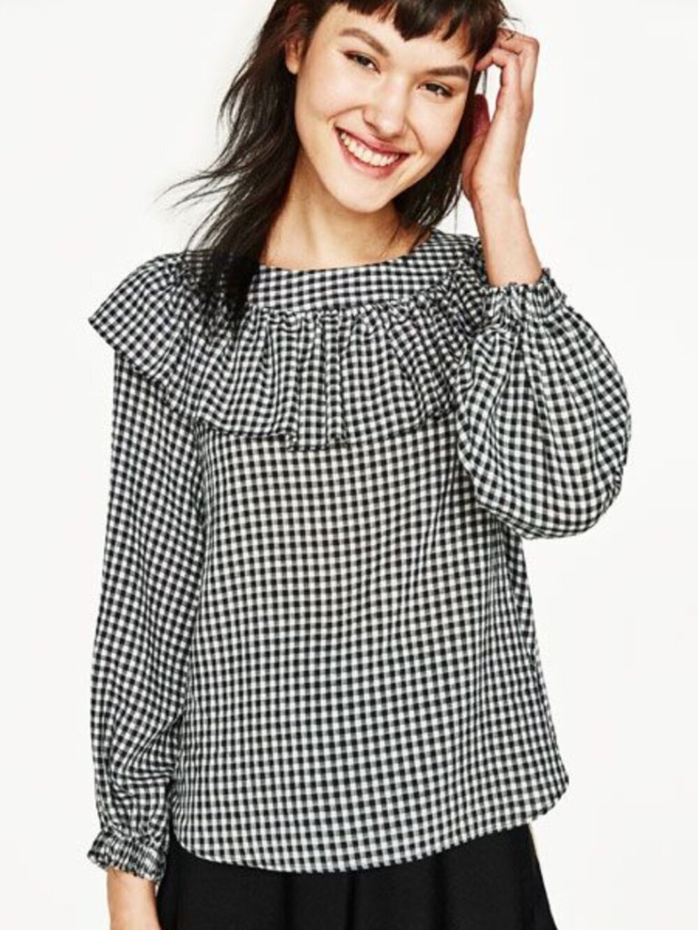 ZARA Black White Gingham Long Sleeve Ruffle Blouse Size XS